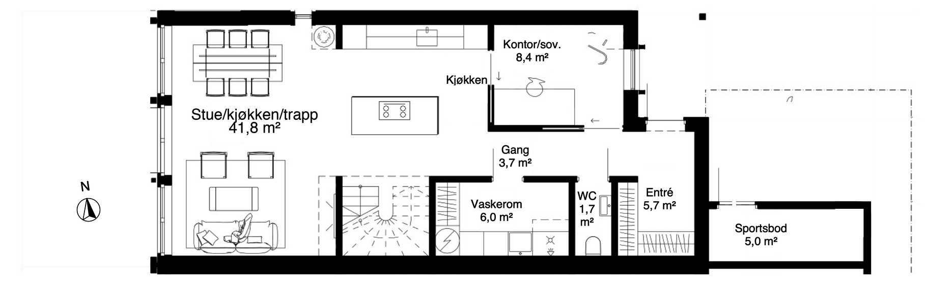 Plantegning Første etasje variant A — Ekstra sove- / disponibelt rom og eget gjestetoalett