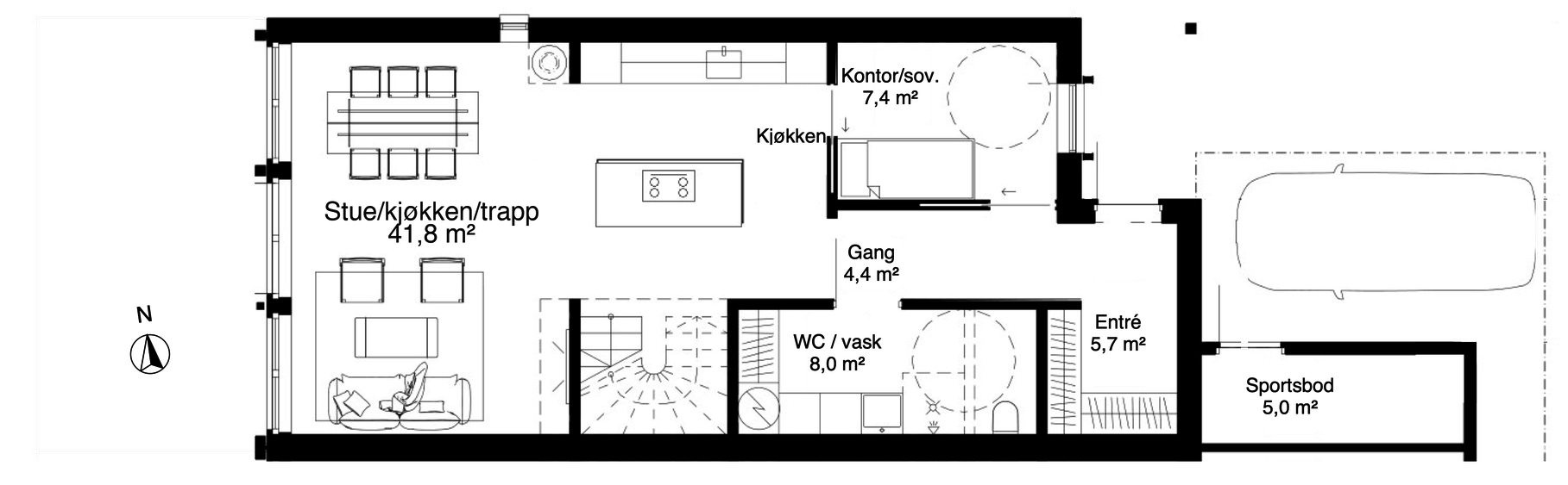 Plantegning Første etasje variant B — Tilgjengelig planløsning med alle funksjoner på ett plan