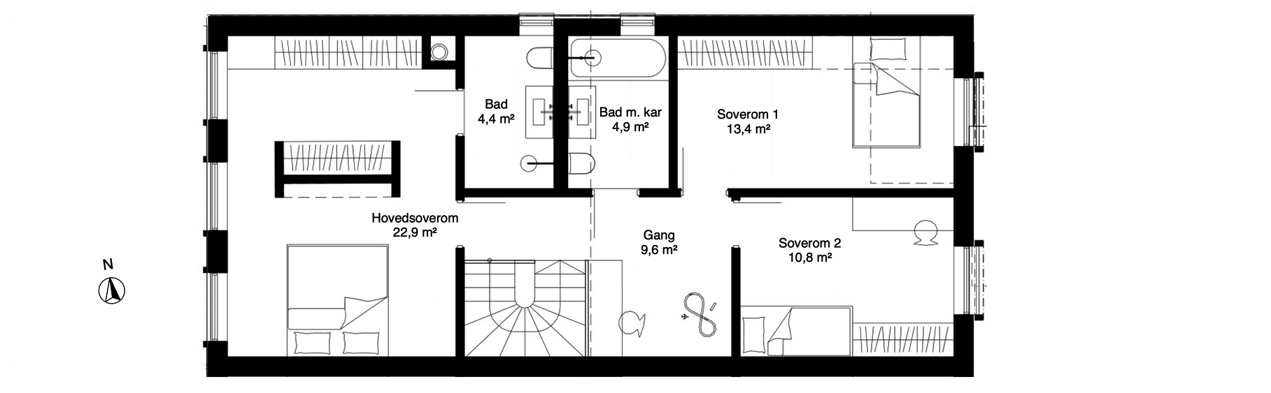 Plantegning Andre etasje variant A — 3 soverom med XL masteravdeling