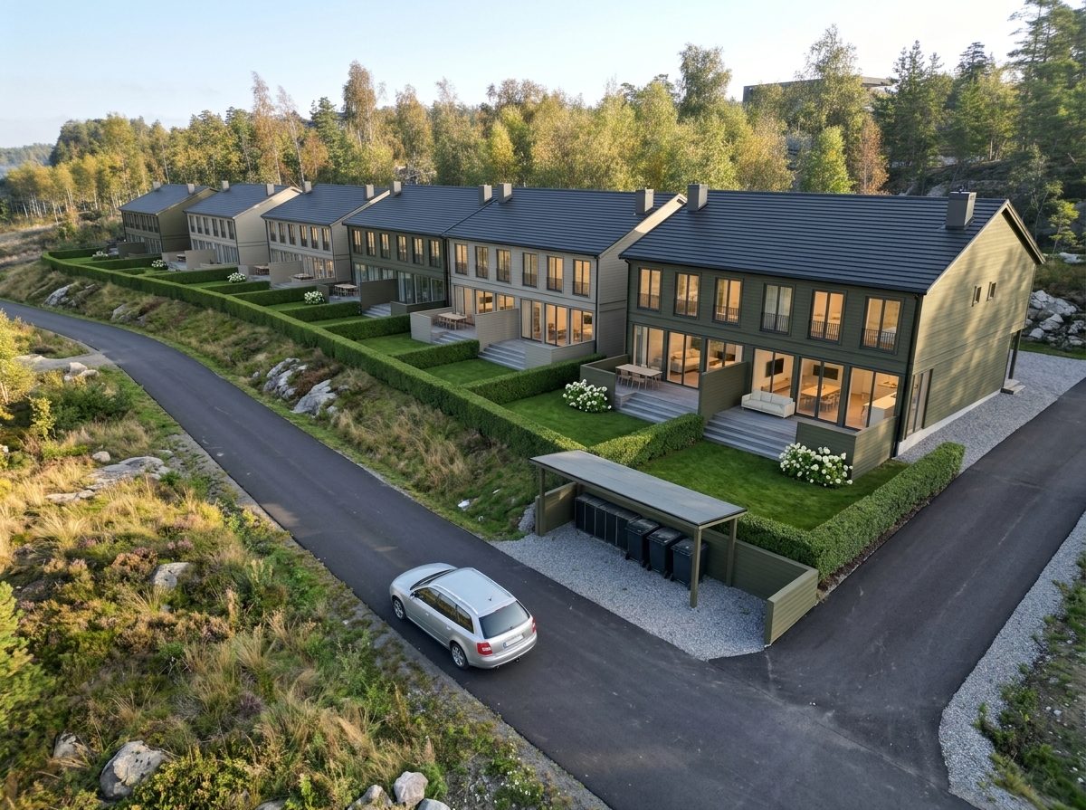 Innkjøring og carport i kveldslys – Brønnerød Terrasse