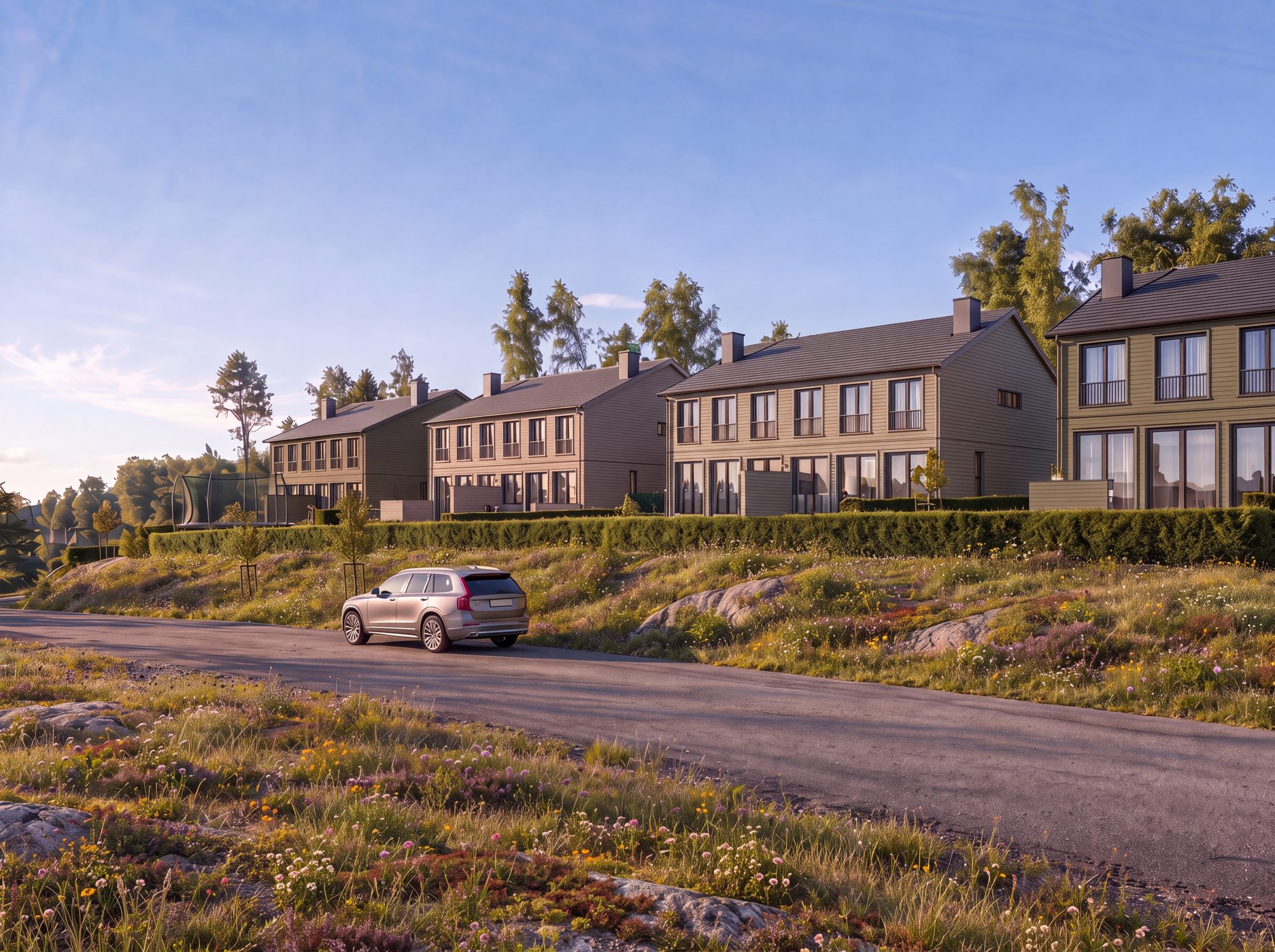 Tomannsboligene sett fra adkomstveien – Brønnerød Terrasse